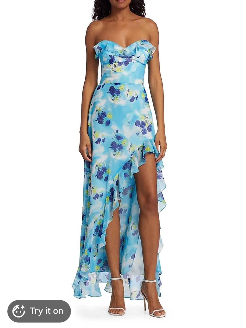 Amanda Uprichard Sky Blue Floral Strapless Ruffle High-Low Dress